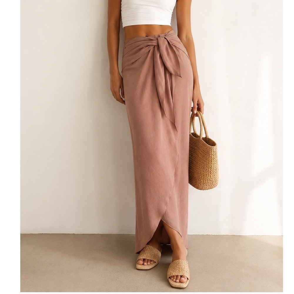 Bondi Born Ardea Draped Skirtā Womens Large Mocha Lyocell Satin Wrap Maxi Resort